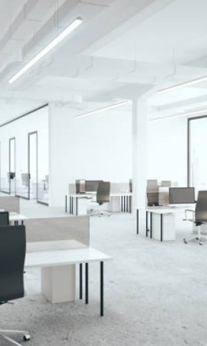 Office room with city view. 3D Rendering